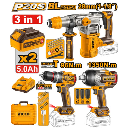 Ingco 3 Piece 20V Combo Kit, Rotary Hammer Drill + Impact Drill + Impact Wrench | COSLI250281
