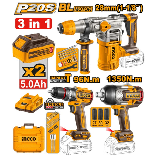 Ingco 3 Piece 20V Combo Kit, Rotary Hammer Drill + Impact Drill + Impact Wrench | COSLI250281