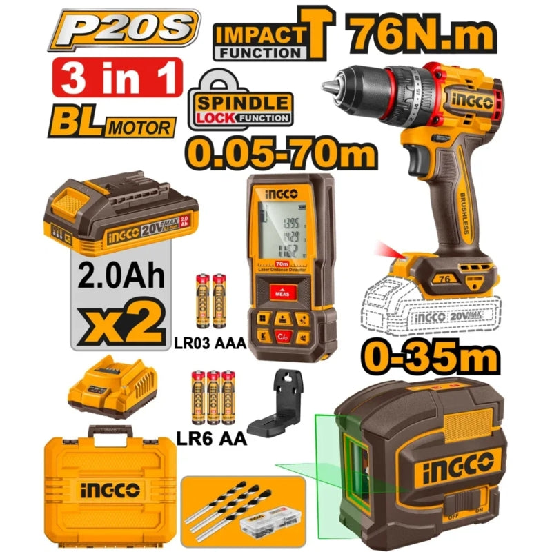 Ingco 3Pc Combo Kit, Impact Drill + Laser Distance Measure + Self-Levelling Line Laser | COSLI250511