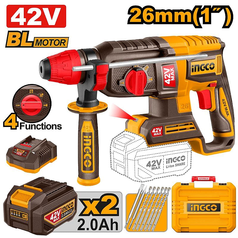 Ingco 42V Cordless Brushless SDS-Plus Rotary Hammer 2.5J, 2.0Ah Kit | CRHLI422682