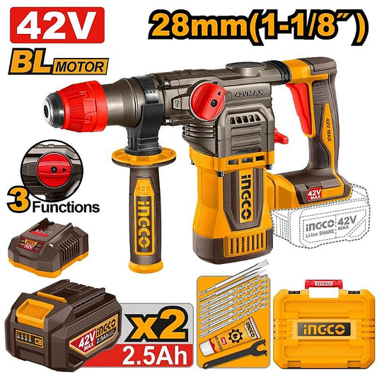 Ingco 42V Cordless BL SDS-Plus Rotary Hammer 4.5J, 2.5Ah Kit | CRHLI422882