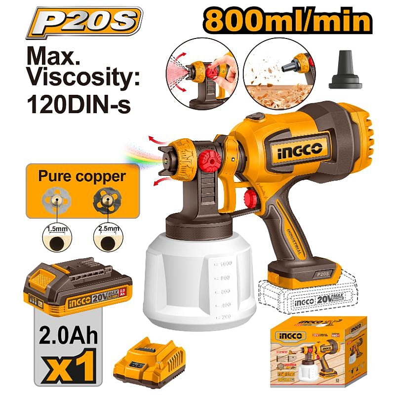 Ingco 20V Cordless Spray Gun 800 ml/min, 2.0Ah Kit | CSGLI20042