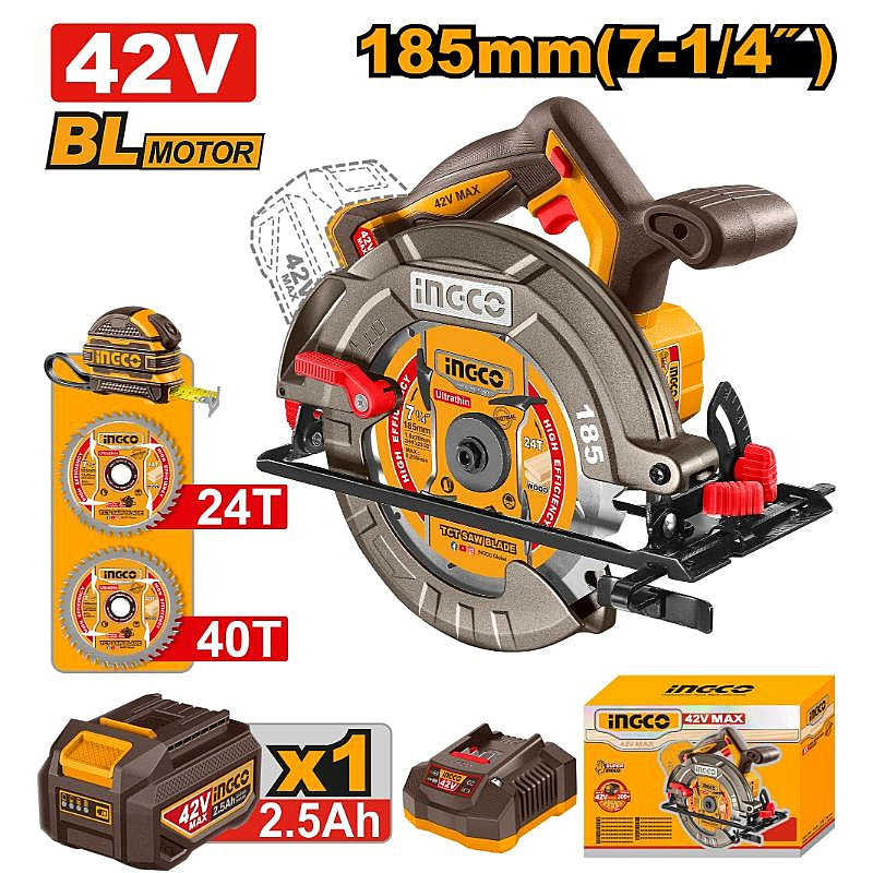 Ingco 42V Cordless BL Circular Saw 185mm, 2.5Ah Kit | CSLI4218511