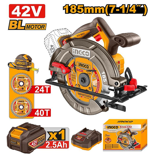 Ingco 42V Cordless BL Circular Saw 185mm, 2.5Ah Kit | CSLI4218511