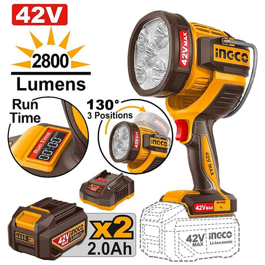 Ingco 42V Cordless Work Lamp 2800lm, 2.0 Ah Kit | CWLI42896