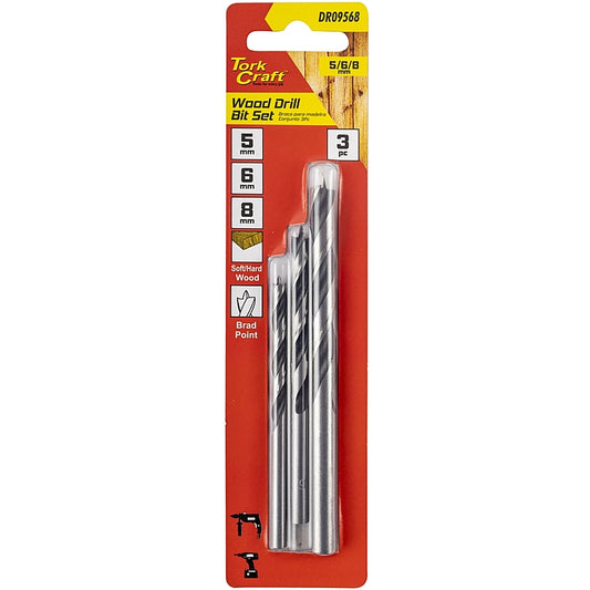 Tork Craft 3Pc Wood Drill Bit Set, 5/6/8mm | DR09568