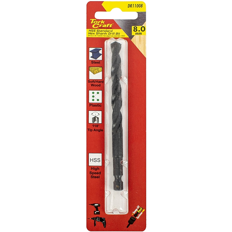 Tork Craft HSS Standard Drill Bit, 8.0mm (Hex Shank) | DR11008