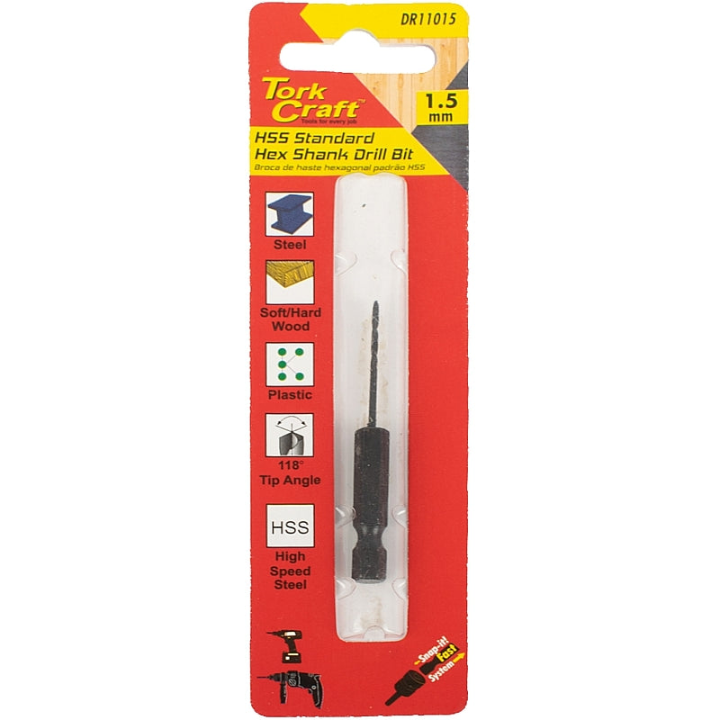 Tork Craft HSS Standard Drill Bit, 1.5mm (Hex Shank) | DR11015