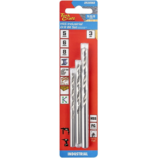 Tork Craft HSS Industrial Drill Bit, 135 Deg. Ground, 5.0/6.0/8.0mm | DR20568
