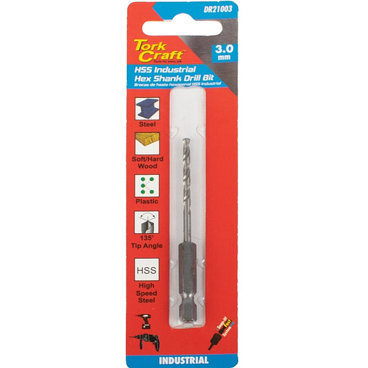 Tork Craft HSS Industrial Drill Bit, 135 Deg. Splint Point, 3.0mm (Hex Shank) | DR21003