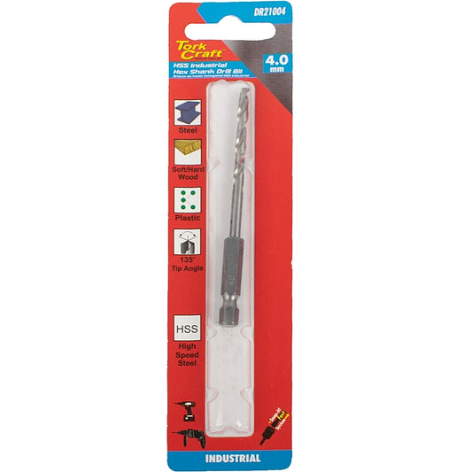 Tork Craft HSS Industrial Drill Bit, 135 Deg. Splint Point, 4.0mm (Hex Shank) | DR21004