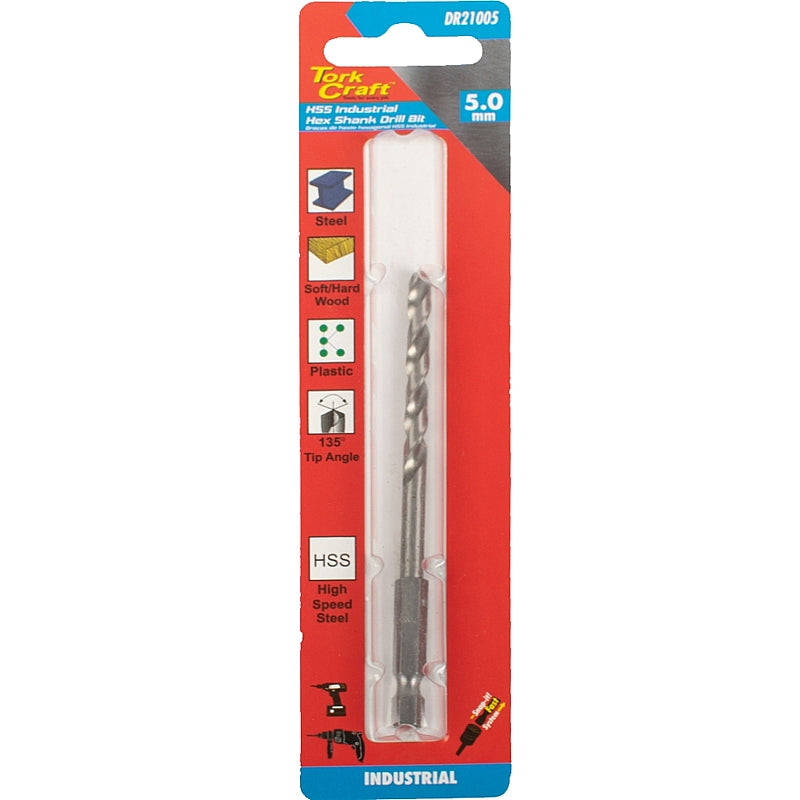 Tork Craft HSS Industrial Drill Bit, 135 Deg. Splint Point, 5.0mm (Hex Shank) | DR21005