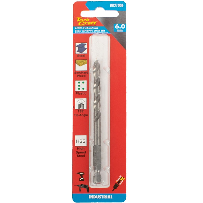 Tork Craft HSS Industrial Drill Bit, 135 Deg. Splint Point, 6.0mm (Hex Shank) | DR21006