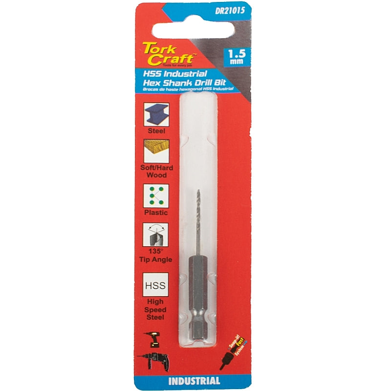 Tork Craft HSS Industrial Drill Bit, 135 Deg. Splint Point, 1.5mm (Hex Shank) | DR21015