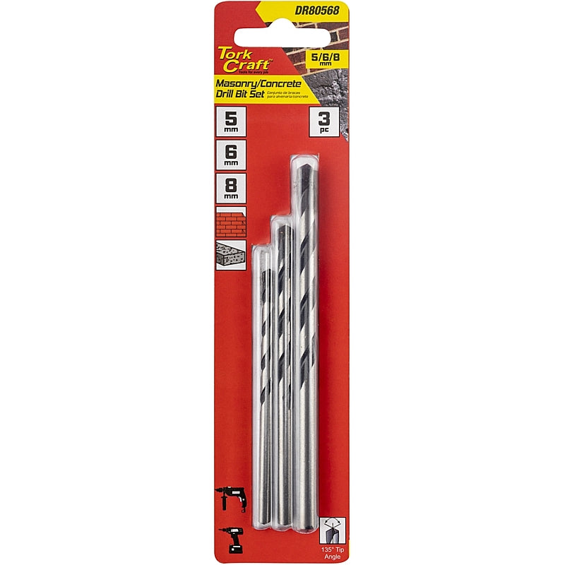 Tork Craft 3Pc Masonry/Concrete Drill Bit Set, 5.0/6.0/8.0mm | DR80568
