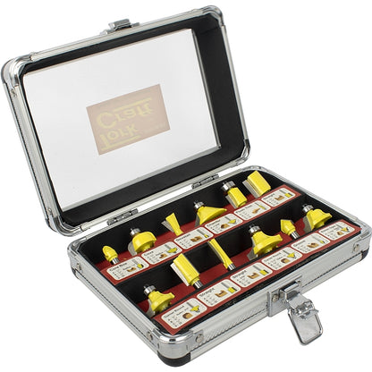 TorkCraft 12 Piece Router Bit Set, ¼″ Shank, Aluminium/Glass Case | DY012B AG