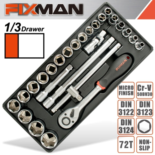 Fixman 26Pc 1/2" Drive Socket & Accessory Set, Tool Insert Module | FIX F1BT47