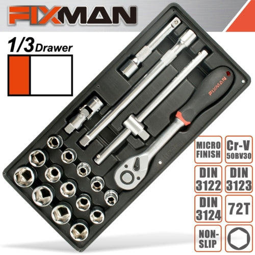 Fixman 19Pc 1/2" Drive Socket & Accessory Set, Tool Insert Module | FIX F1BT76
