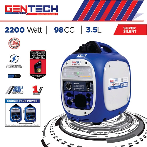 Gentech Power GP2200iSEBL 2200 Watt Digital Pure Sine Wave Petrol Inverter Generator, 3.5L, 98CC | GEN1300