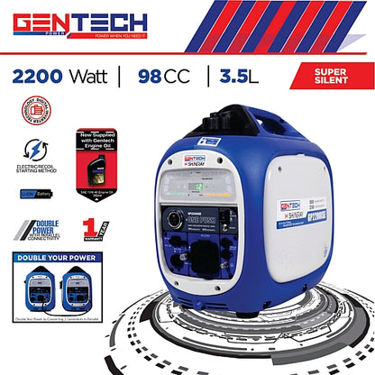 Gentech Power GP2200iSEBL 2200 Watt Digital Pure Sine Wave Petrol Inverter Generator, 3.5L, 98CC | GEN1300