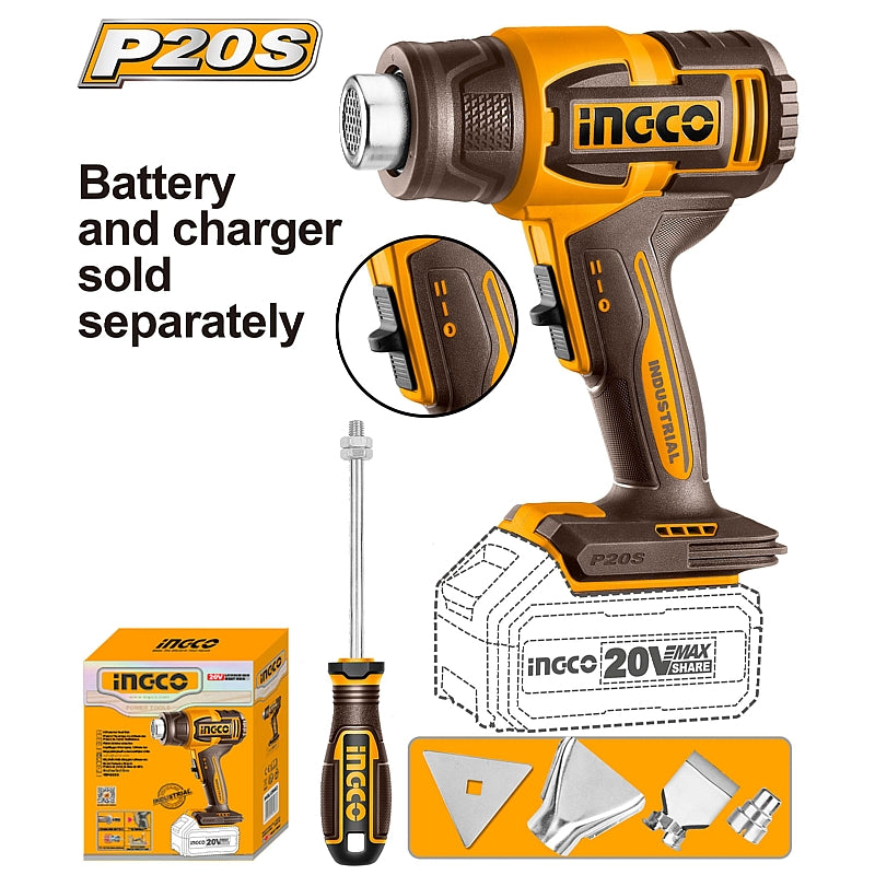 Ingco 20V Cordless Heat Gun, 300°C / 550°C (Solo Unit) | HGLI2006