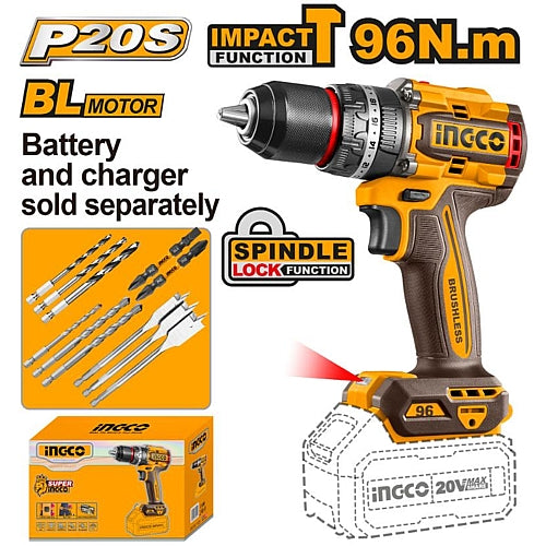 Ingco 20V Cordless Brushless Impact Drill 96Nm (Solo Unit) | CIDLI209681