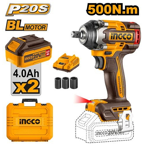 Ingco 20V Cordless Brushless 1/2" Square Drive Wrench 500Nm, 2 x 4.0Ah Batt. Pk. | CIWLI2050