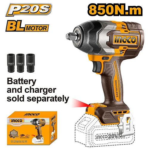 Ingco 20V Cordless Brushless 1/2" Square Drive Impact Wrench 850Nm (Solo Unit) | CIWLI20851