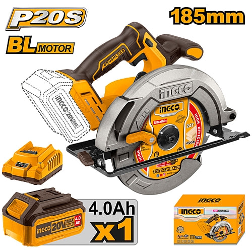 Ingco 20V Cordless Brushless Circular Saw 185mm, 1 x 4.0Ah Batt. Pk | CSLI18511