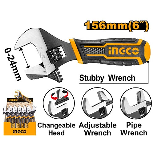Ingco 2-In-1 Stubby Adjustable Wrench 156mm | HADWS088