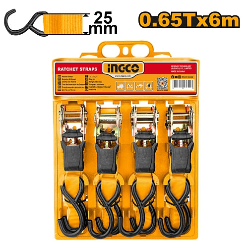 Ingco 4Pc 0.65T Ratchet Strap Set 25mm x 6M | HRSP065607