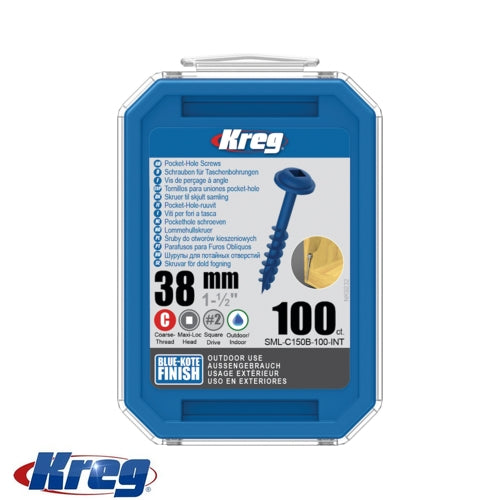 Kreg 100Pk Blue-Kote Pocket-Hole Screws 38mm #8 Coarse Maxi-Loc | SML-C150B-100-INT