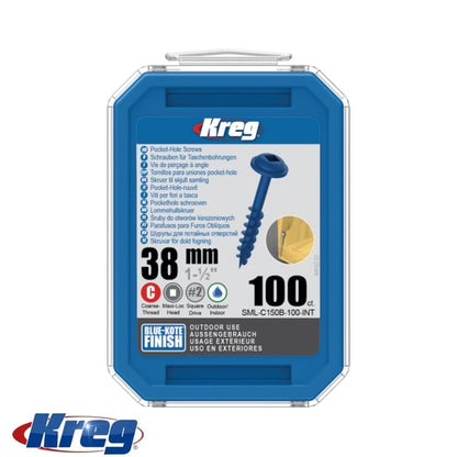 Kreg 100Pk Blue-Kote Pocket-Hole Screws 38mm #8 Coarse Maxi-Loc | SML-C150B-100-INT