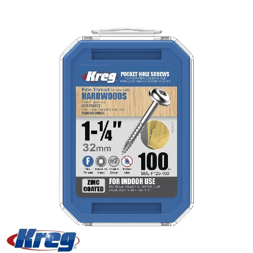 Kreg 100Pk Zinc Pocket-Hole Screws 32mm #7 Fine Maxi-Loc | SML-F125-100