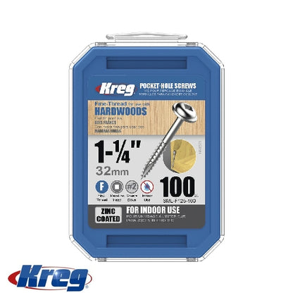 Kreg 100Pk Zinc Pocket-Hole Screws 32mm #7 Fine Maxi-Loc | SML-F125-100