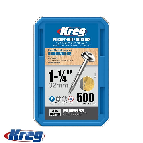 Kreg 500Pk Zinc Pocket-Hole Screws 32mm #7 Fine Maxi-Loc | SML-F125-500