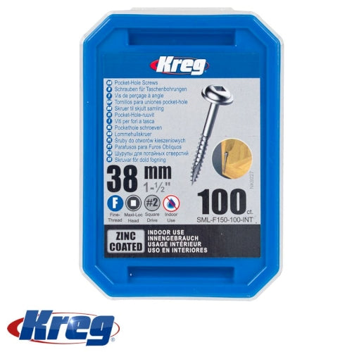 Kreg Zinc Pocket Hole Screws 38mm 1.50" #7 Fine Thread MX LOC 100Ct (SML-F150-100-INT)