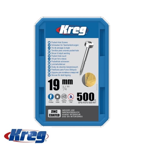 Kreg 500Pk Zinc Pocket-Hole Screws 19mm #6 Fine Pan-Head | SPS-F075-500-INT