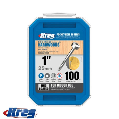 Kreg 100Pk Zinc Pocket-Hole Screws 25mm #6 Fine Pan-Head | SPS-F1-100