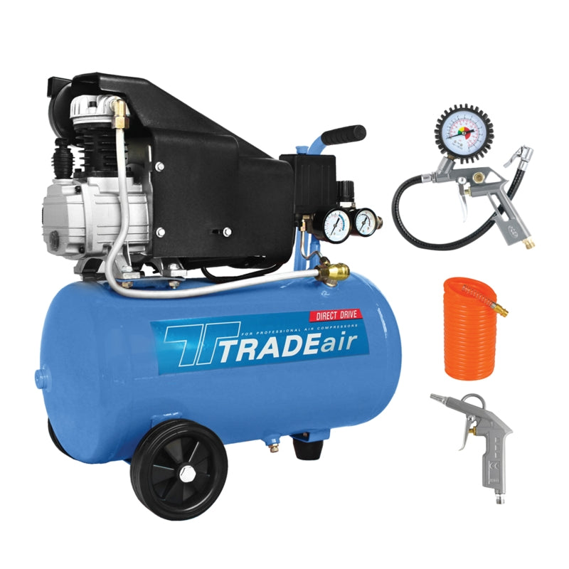 TRADEair 24L Air Compressor, Direct Drive, 1.1kW/1.5HP, 220V + 3Pc Air Tool Kit | MCFRC115