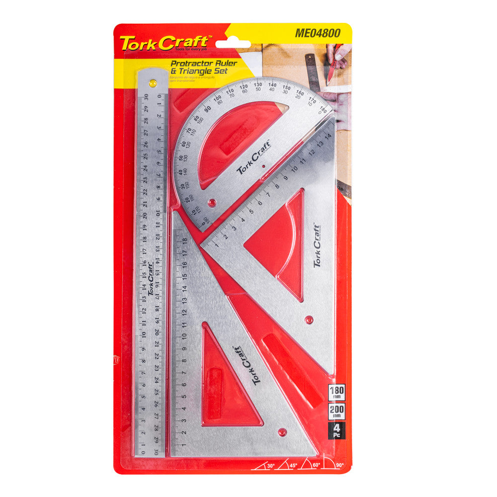 Tork Craft 4 Piece Protractor, Ruler & 2 x Triangle Set | ME04800