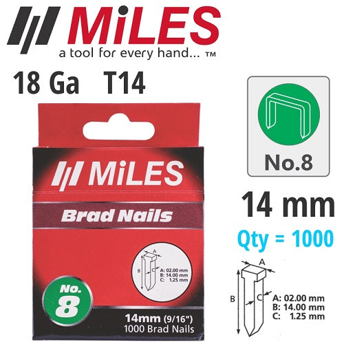 Miles 1000Pcs Galv Brad Nail T14 18Ga 14mm #8