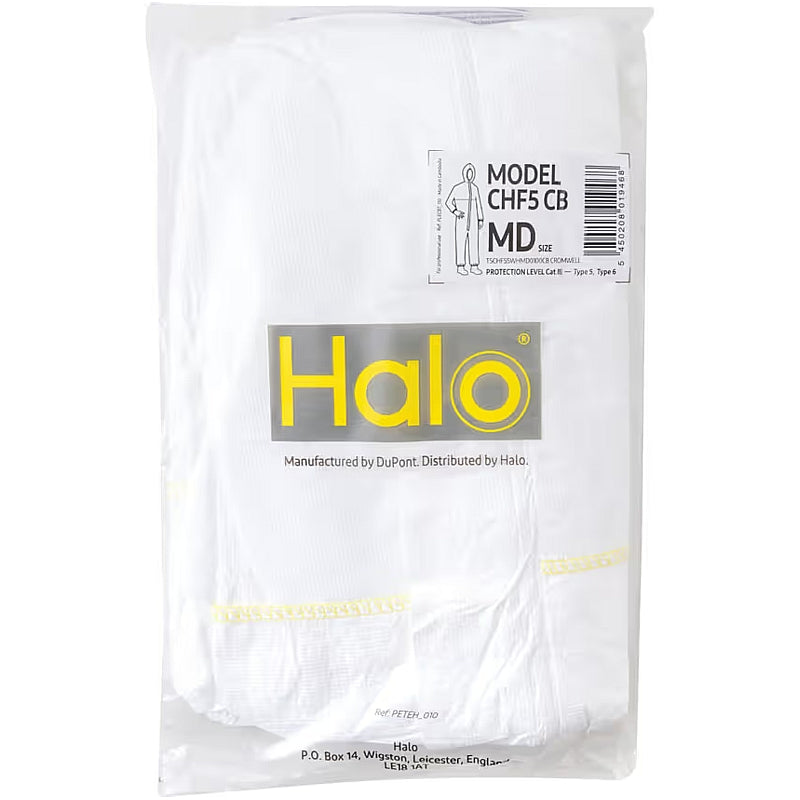 Halo Disposable Micro-Porous Hooded Coveralls, Type 5/6, White, Medium | HAL9623831B