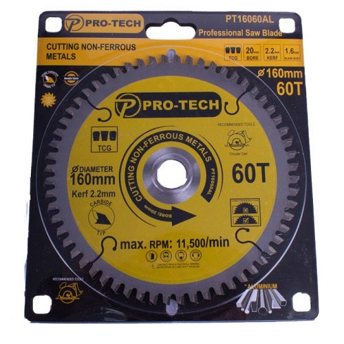 Pro-Tech TCT C/Saw Blade Ø160 MM X K2.2 X B20 MM X 60T - Alum. Prof. | PT16060AL