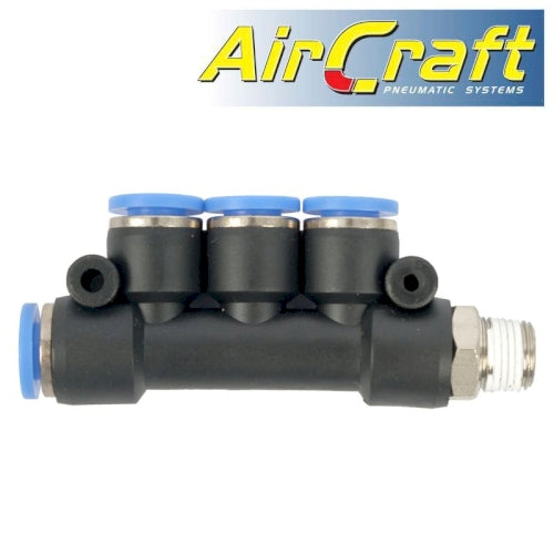 Pu hose fitting manifold 4 x 4mm port x 1/4'm