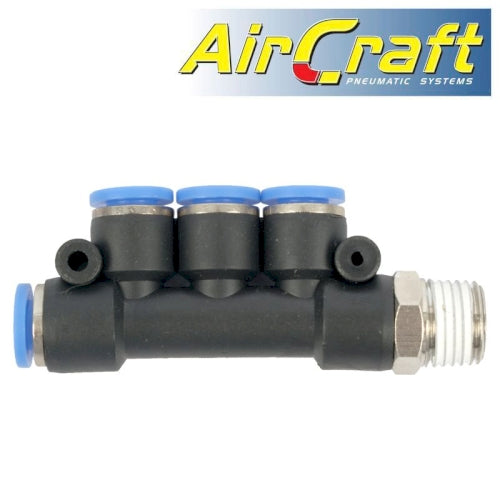 Pu hose fitting manifold 4 x 6mm port x 1/4'm