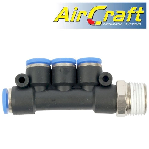 Pu hose fitting manifold 4 x 6mm port x 3/8'm