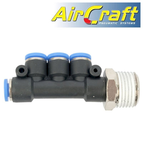 Pu hose fitting manifold 4 x 6mm port x 1/2'm