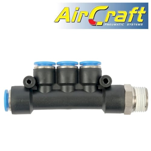 Pu hose fitting manifold 4 x 8mm port x 3/8'm