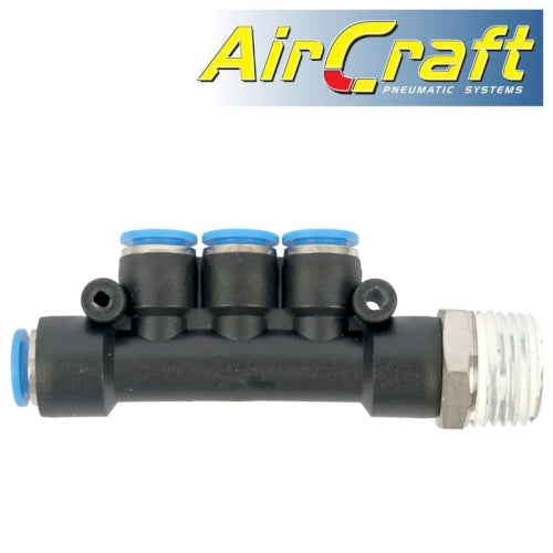 Pu hose fitting manifold 4 x 8mm port x 1/2'm